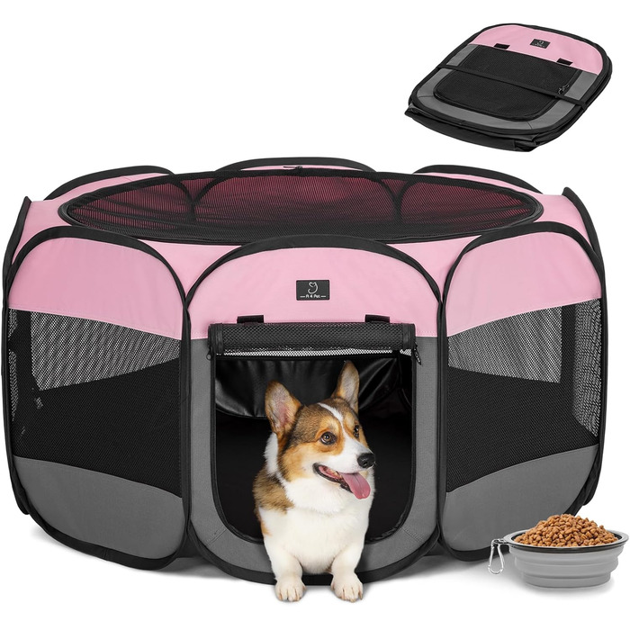 Клітка-вольєр для собак великих порід на 4 собак, портативна з водонепроникним дном та блискавкою, для дому та вулиці, з мискою, темно-сіра та рожева (M з мискою, темно-сіра + рожева)