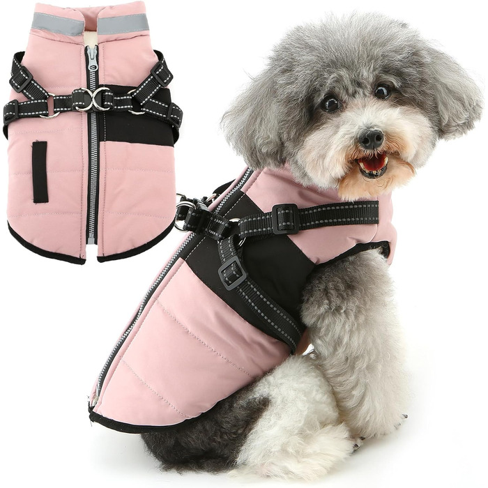 Зунеа Тепла куртка для собак маленьких порід, для цуценят з повідком, світловідбиваюча, регульована, на блискавці, рожева, XS/S