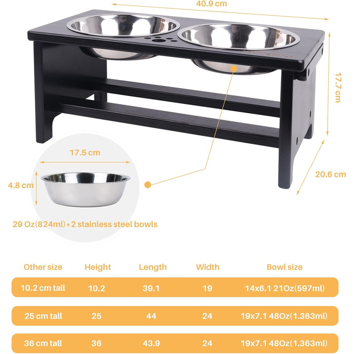Підвищені годівниці для собак великих порід, на стійці, без розливання, набір з 2 годівниць з нержавіючої сталі, XL (35.56 см), об'єм 48 Oz, та середні (17.78 см), об'єм 29 Oz, чорного кольору