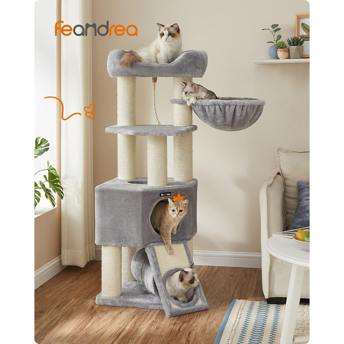 Великий котячий комплекс Feandrea з домівкою, гамаком, плюшевою платформою, тунелем, сизалевими стовпами та дряпкою, 50x50x141 см, світло-сірий