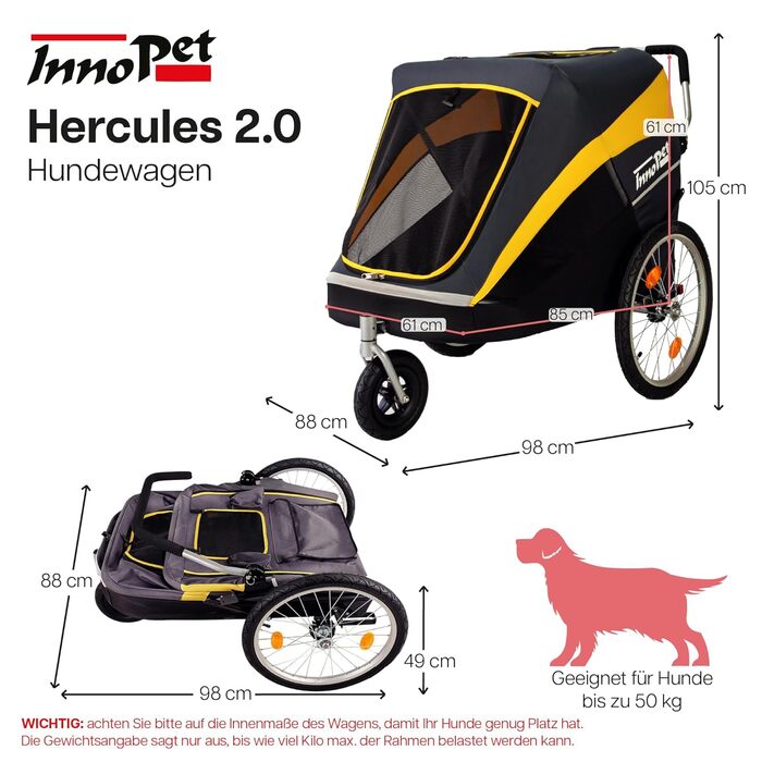 Візок для собак Innopet Hercules 2.0, жовто-сірий - міцний, до 50 кг, з дощем, колеса 45см, EFA колеса