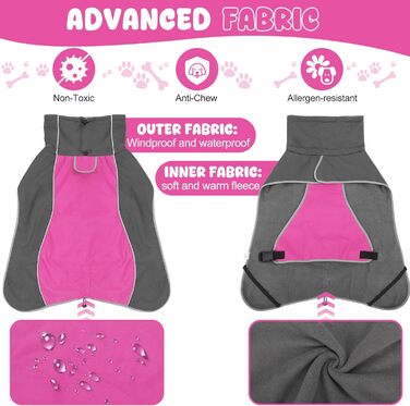 Водонепроникний собачий дощовик HezzLuv з світловідбиваючими смугами, отвором для повідка та флісовою підкладкою, можна прати в пральній машині, зимова куртка для собак маленьких, середніх та великих порід, теплий, вітронепроникний, легкий (Рожевий, Велик