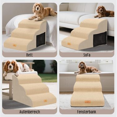 Сходинки для собак, 4 сходинки, знімний поручень, неслизьке покриття, для ліжка та дивану, з високощільним губчастим наповнювачем (3 сходинки, бежевий)