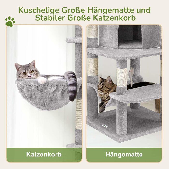 Кігтеточка Globlazer велика, стабільна кутова з великим будиночком для котів, платформа з м'яким покриттям, гамак, м'який кошик, кігтеточка висотою 130 см для кількох великих котів, для дому (XL, світло-сірий)