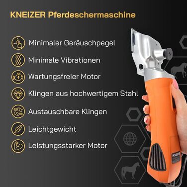 Машина для стрижки коней Kneizer з змінними лезами – тиха та з низькою вібрацією – забезпечує спокій коня – підходить для всіх типів шерсті та частин тіла – не потребує обслуговування