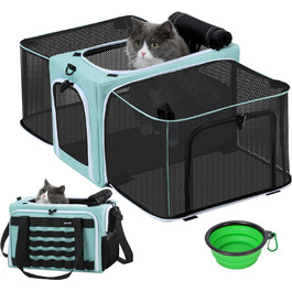 Транспортна переноска для котів Pecute, розширювана, для 2 котів, велика переноска для собак та цуценят, складана переноска-сумка для котів, аква-зелений колір
