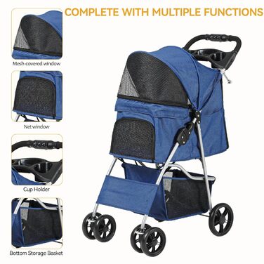 Візок для собак та котів DWVO, 15 кг, складання, з сітчастими віконцями та тримачем для напоїв, кошиком для зберігання (Блакитний)