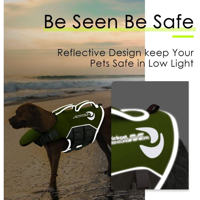 Спасальний жилет для собак ThinkPet, зелений, розмір M, регульований, з відбиваючими елементами