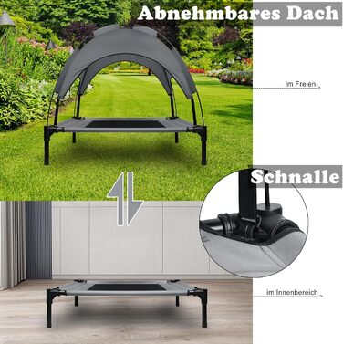 Підвищене собаче ліжко з дахом, сонцезахист, ліжко для тварин з балдахіном, лежанка для собак на вулицю, диван для собак, неслизькі підніжки, водонепроникний дах та дихаюча сітка, L 61x46x61cm (M-76x61x76cm)