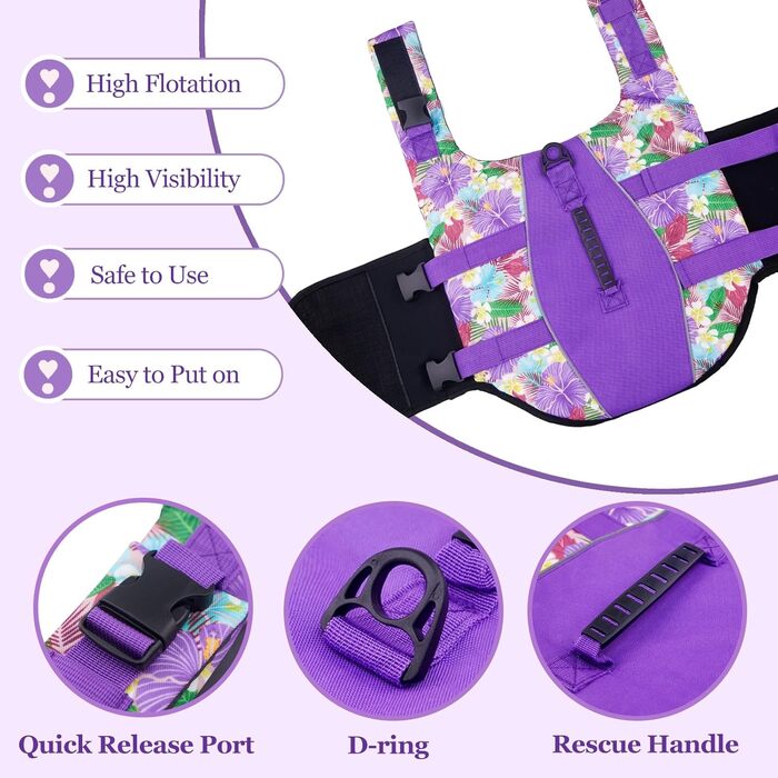 Спасальний жилет для собак Hawaiian Sports Style, жилет для плавання з ручкою, для човнів, для цуценят, великих, середніх та малих собак (Large, квіти + фіолетовий)