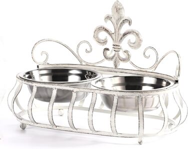 Підвищені годівниці для собак та котів, подвійні миски з нержавіючої сталі, годівниця для домашніх тварин з металевим стійкою Fleur de Lis (антична білизна), біла еліпс