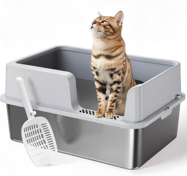 Лоток для котів PawGiant XXL з нержавіючої сталі, високий бортик, металевий туалет для великих котів, не прилипає, без запаху, герметичний, зі совком
