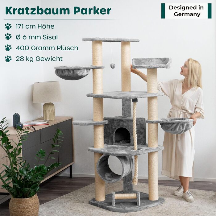 Великий стійкий котячий комплекс HAPPYPET Parker 171 см, сірий – кішкам: ігровий тунель, будиночок, лежанки, стовпи 11 см, XXL кігтеточка, дряпка, килимок для котів