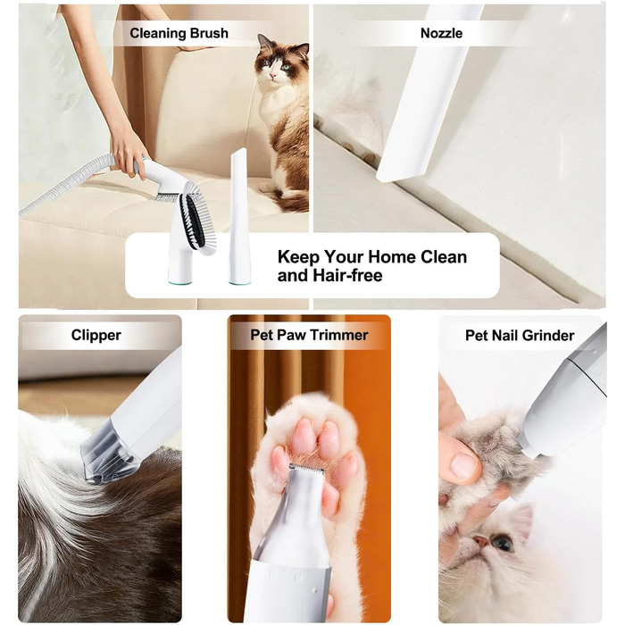 Набір для догляду за шерстю домашніх тварин: пилосос, видалення шерсті, 7-в-1 інструменти + професійна машинка для стрижки. Підходить для всіх пухнастих улюбленців (білий)