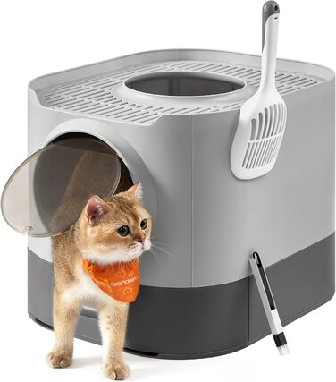 Туалет для котів Feandrea XXL з кришкою, висувним лотком, совком і щіткою, для котів різних розмірів, мінімум слідів, сіро-графітовий