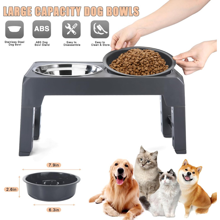 Підвищений годівниця для собак, регульована висота, підставка, 4 рівні, повільне годування, миска для собак з нержавіючої сталі для малих, середніх та великих собак (сіра)