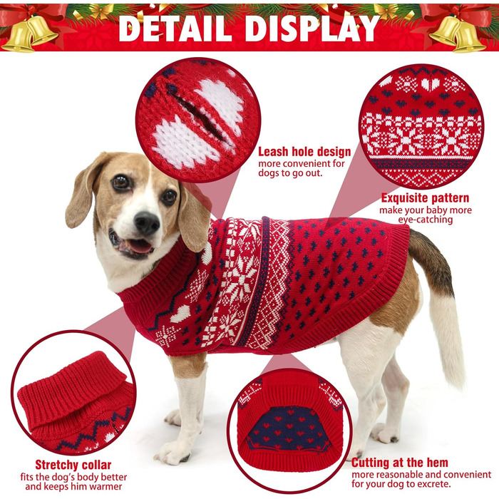 Пуловер для собак SCENEREAL: теплий рогалик для маленьких, середніх та великих собак, ідеальний для зимових свят та відпочинку. Червоний, без шапки, розмір Medium (M).