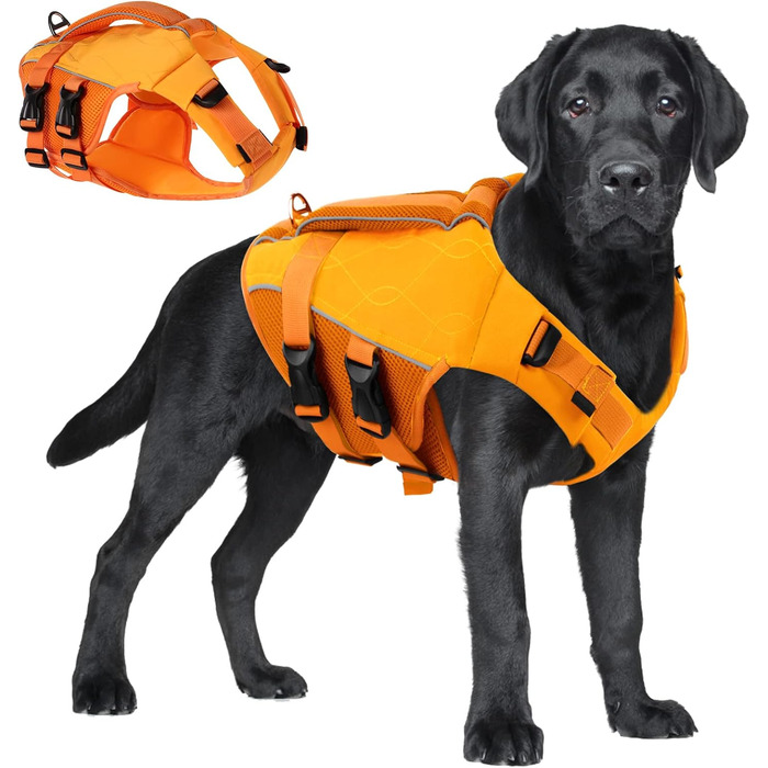 Жилет рятувальний для собак ASENKU S, помаранчевий, регульований, з ручкою та світловідбиваючими елементами (чіхуахуа, такса, бульдог, лабрадор)
