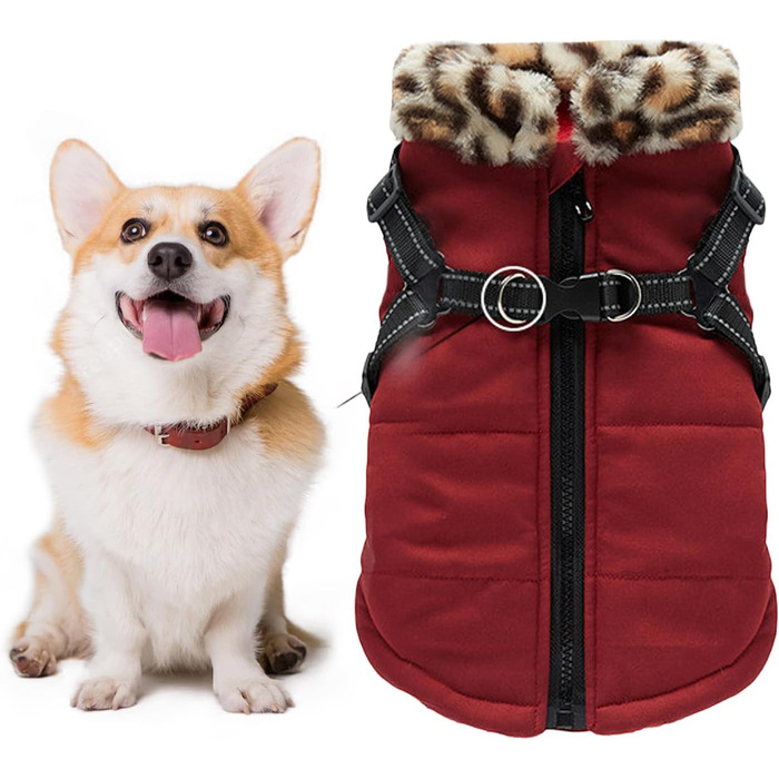 Зимовий теплий жилет для собак Haustierweste з підкладкою, водонепроникний та світловідбиваючий, з інтегрованою шлейкою, бордовий