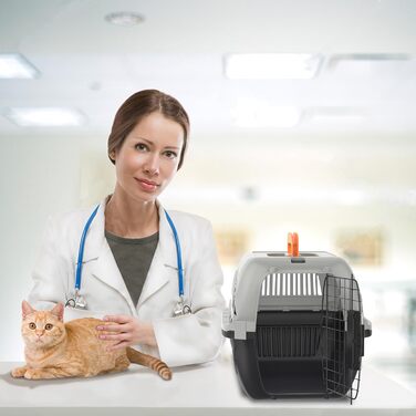 Транспортна переноска для собак та котів Aufun, 48x32x32 см, пластик з металевим ґратом, сіра+чорна