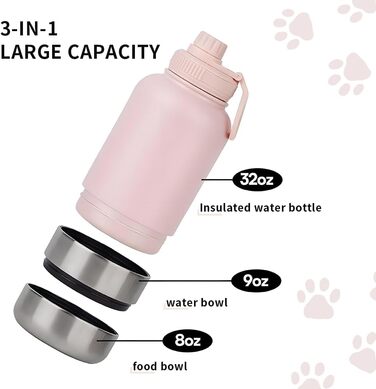 Миска-поїльник для собак 3-в-1 950 мл, рожева. Термопоїльник з мисками для їжі та води. Ідеально для подорожей та прогулянок.
