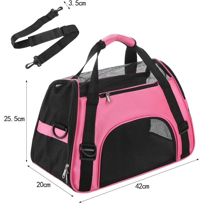 Транспортна сумка для собак та котів: рожева, складна, з регульованим плечовим ременем, 42 x 20 x 25.5 см