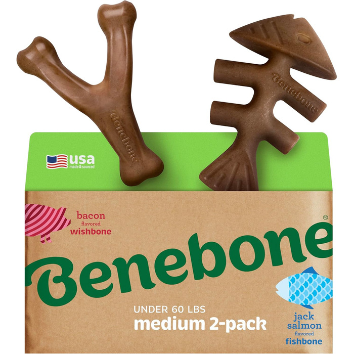 Набір 2 іграшок для собак Benebone Fishbone/Wishbone, незіщувані, зі справжнім смаком лосося та бекону, для середніх собак, США