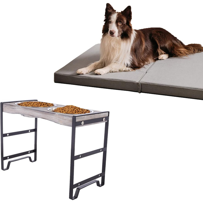 Підвищена годівниця для собак Satauko з 3 рівнями регулювання, дерев'яна годівниця для великих собак з двома мисками з нержавіючої сталі, протиковзна годівниця, миска для води та їжі. Сіра