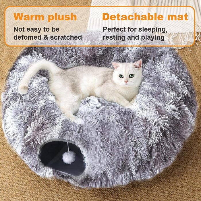 Туннель для котів FURRYPAWS XXL 3-в-1 – 160 см, ліжко, регульований, дихаючий, металевий каркас, складаний, для великих котів та дрібних тварин (темно-сірий з іграшкою)