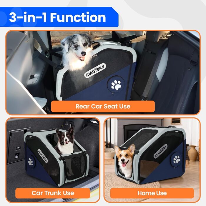 Складана переноска для собак у машину та в подорожі, портативна сумка-переноска для маленьких та середніх собак, швидке складання за 1 хвилину, міцна металева рама, дихаючі сітчасті вікна та зручний доступ (Блакитна)