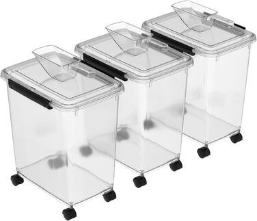 Контейнер для корму для собак Cetomo 32L (3 шт.) з роликами, герметичний, з силіконовим ущільнювачем, з застібками, прозорий, 32л (12кг)