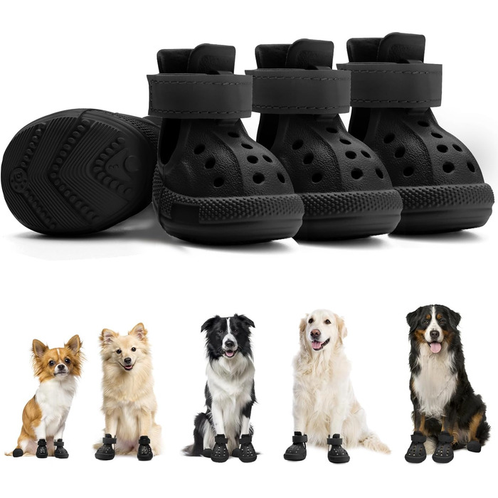 Чоботи для собак Eyein: захист лап влітку, дихаючі, антиковзкі, з регульованими світловідбиваючими смугами, для маленьких, середніх та великих собак, легко одягаються та знімаються (Чорний, Розмір 6), ширина 5.5 см