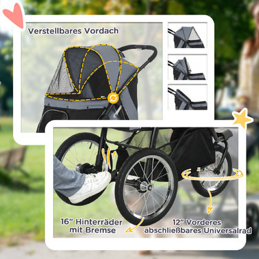 PawHut Dog Buggy Cat Buggy складний зі світловідбивачами, кошиком для зберігання, захистом від сонця та сітчастим вікном, Оксфорд сірий