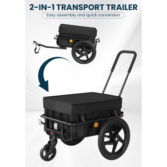 Велосипедний причіп 2-в-1 з ручкою для штовхання, міцний сталевий каркас, колеса 40 см, вантажопідйомність до 40 кг, чорний