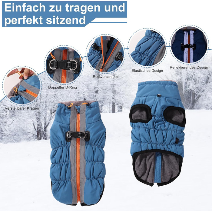 Водонепроникний теплий зимовий одяг для собак - куртка з кільцем D, одяг для домашніх тварин, тепла куртка для собак, для маленьких, середніх та великих собак (L, блакитний)