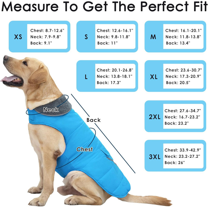 Водонепроникний зимовий одяг для собак, теплий флісовий піджак з кишенею, світловідбиваючий, регульований, небесно-блакитний, розмір M (Обхват грудей: 16.1-20.1')