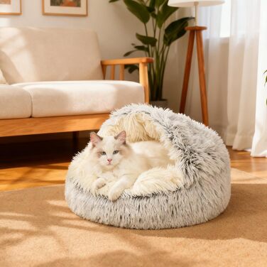 М'яке ліжко для домашніх тварин: ліжко для котів та собак, плюшеве, тепле, з капюшоном, антиковзаюче, сіре (65 см Ø)