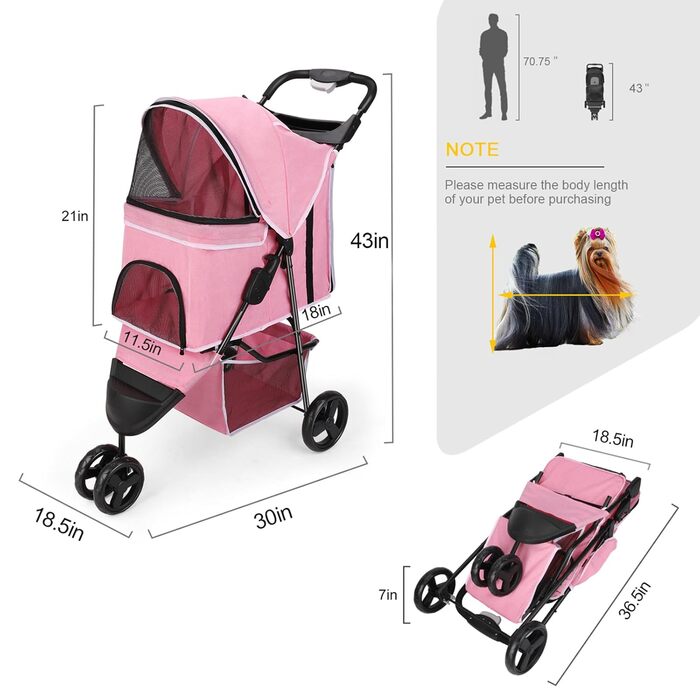 Візок для собак Wedyvko, 15 кг, рожевий, легкий, компактний, з аксесуарами, EVA-колеса