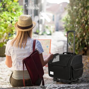 Чемодан для собак та котів Galatée з колесами, переноска для тварин, схвалена авіакомпаніями, дитяча коляска для домашніх улюбленців (чорний)