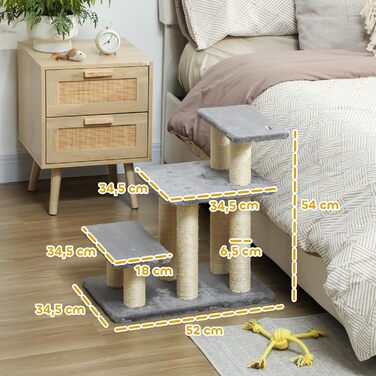 Сходинки для собак PawHut - 3 сходинки, 54 см, сірі. Сходи для маленьких собак та котів з сизалевим покриттям, м'ячик, допомога для заходження на ліжко, диван, в автомобіль