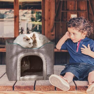 MIU PET Великий складаний 2-в-1 будинок для котів для дому, оновлений котячий будинок і лежак, 2 двосторонні подушки та літній матрац, для всіх сезонів, укриття для котів із кігтеточкою