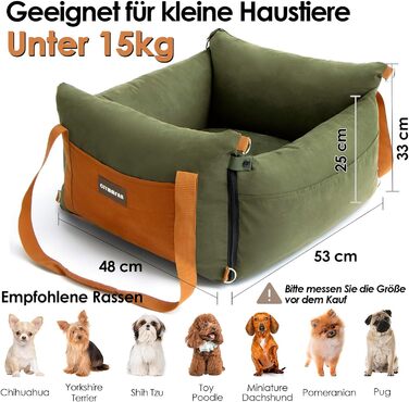 Автомобільний лежак для собак маленьких та середніх порід (до 15 кг), з висувною зоною відпочинку, знімний та пральний, з кишенями та ременем безпеки, зелений