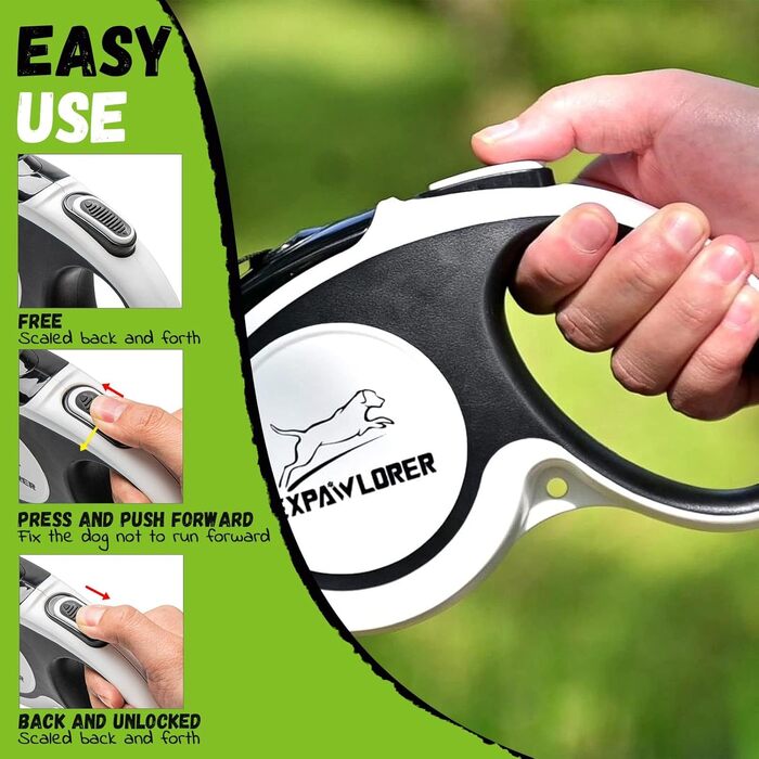 Рулетка для собак Expawlorer, 5м, біло-чорна, до 20 кг, антиковзне покриття, безпечне гальмо