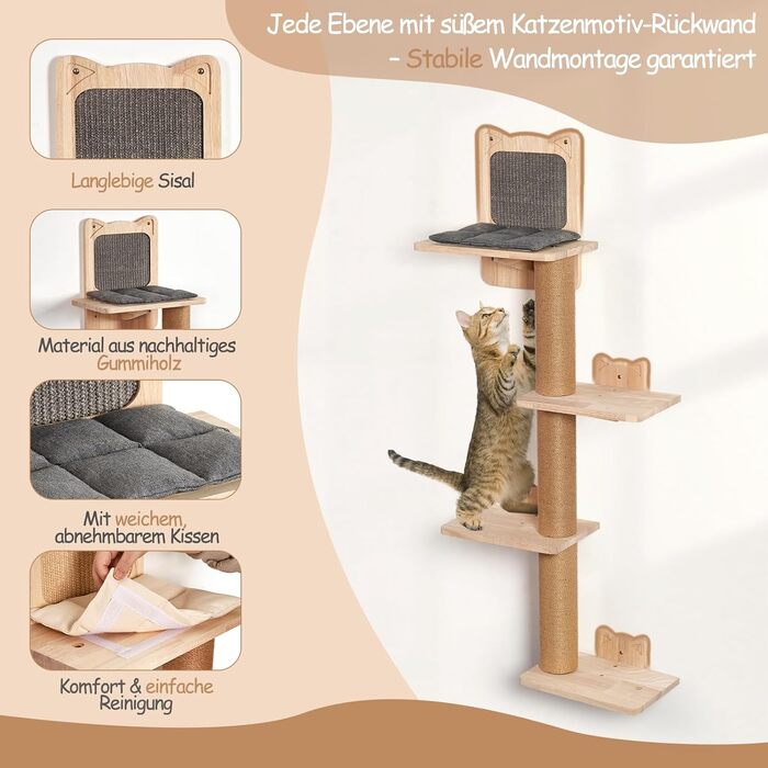 Кігтеточка для котів LitaiL Wandkratzbaum: 4 яруси, 110 см, з екошкіри, сірий колір