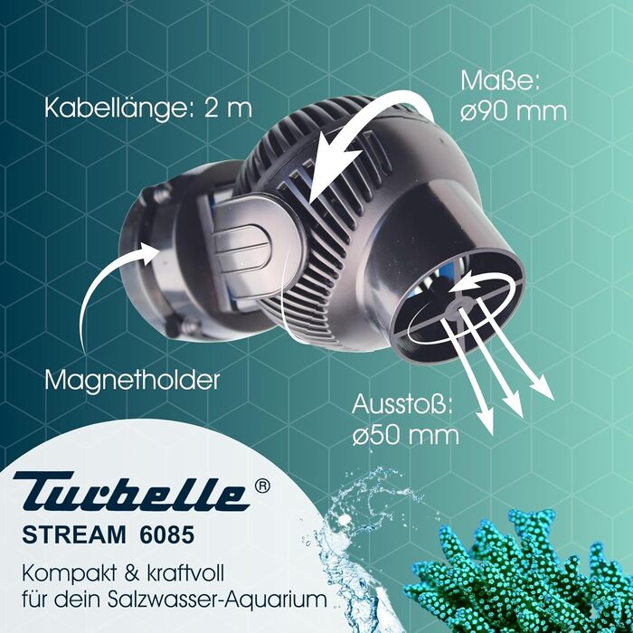Пропелерна помпа для акваріума TUNZE Turbelle Stream 6125, 12000 л/год, з магнітним тримачем і безшумним затискачем для скла до 15 мм