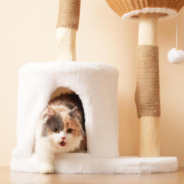 Кігтеточка для котів CareCooo 135 см з 12 стержнів, стабільна, з будиночком, сизаль, захист від перекидання, водонепроникна, для великих котів, коричнева/біла (Natural+White, XL)