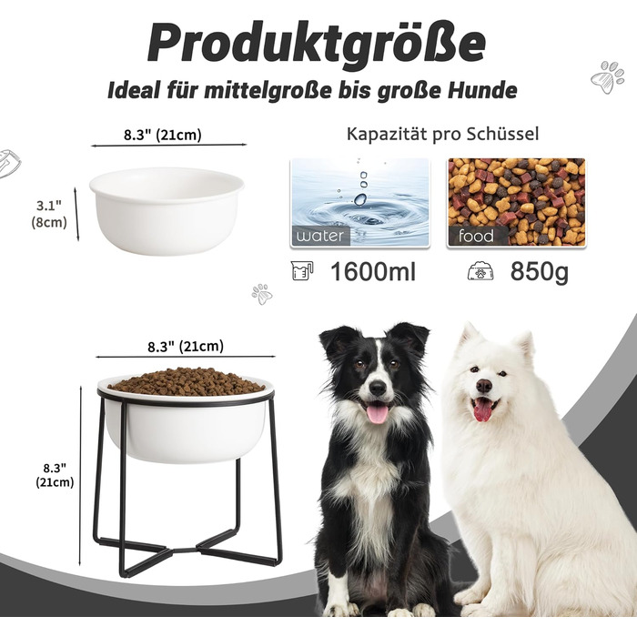 Підвищений керамічний миска для собак з металевим обідком - годівниця для котів та маленьких собак. Біла матова (XL)
