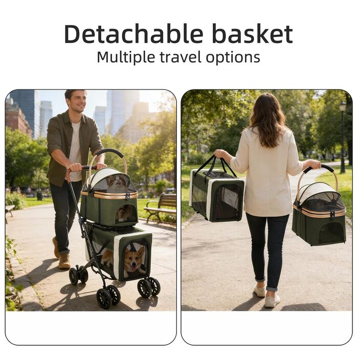 Дитяча коляска для тварин, бугі, складна, для собак та котів, з дихаючого мережива + водонепроникний оксфорд 300D + 4 колеса, переносна сумка для собак, складна до 20 кг (92 x 56 x 33 (зелений, 97*58*46))