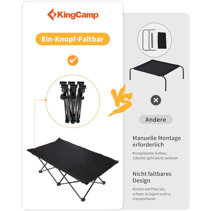 Ліжко для собак KingCamp підвищене, вуличне, чорне 57x57x23 см (L 121x68x30 см) - дихаючий сітчастий матеріал, антиковзні ніжки