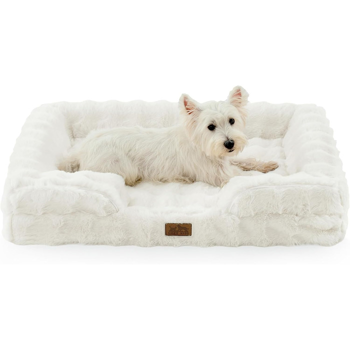 Ортопедичне ліжко для собак з штучного хутра, великі породи, диван з підтримуючим пінополіуретаном та водонепроникним чохлом, неслизьке, м'яке, тепле, пральне, С-подібне (Бежевий, L)